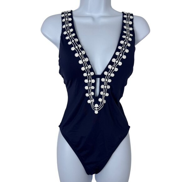 La Blanca Navy White Sea Scallops Multi-Strap Plunge One Piece Swimsuit Sz 12 - Picture 2 of 9